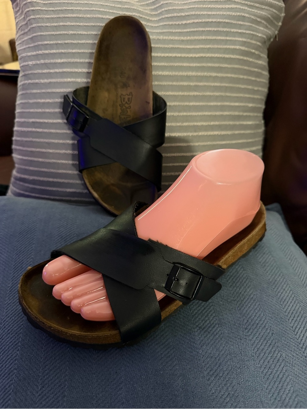 Birkenstock Black Leather Sienna Crossover Slide Sandals sz 37/ L6 M4